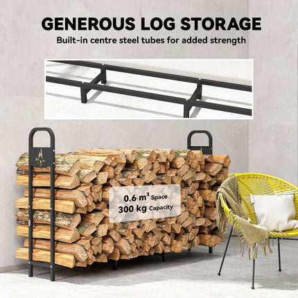 6.5 FT Steel Firewood Log Rack with 300 kg Capacity, Heavy Duty Indoor Outdoor Fireplace Wood Storage Shelf, Log Holder/Stand with Extra Support Legs, Decorative Bonfire Pattern, Black