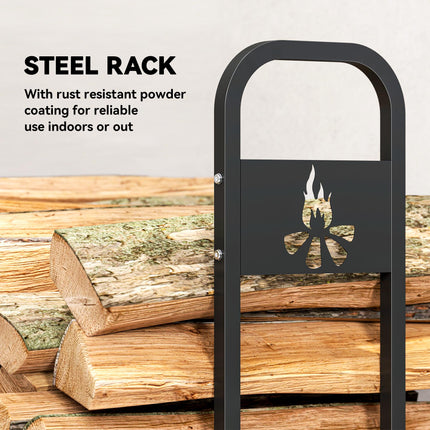 6.5 FT Steel Firewood Log Rack with 300 kg Capacity, Heavy Duty Indoor Outdoor Fireplace Wood Storage Shelf, Log Holder/Stand with Extra Support Legs, Decorative Bonfire Pattern, Black
