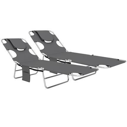 Foldable Sun Lounger Set of 2, Beach Chaise Lounge with Reading Hole, Arm Slots, 5-Position Adjustable Backrest, Side Pocket, Pillow for Garden, Beach, Pool, Dark Grey