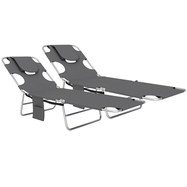 Foldable Sun Lounger Set of 2, Beach Chaise Lounge with Reading Hole, Arm Slots, 5-Position Adjustable Backrest, Side Pocket, Pillow for Garden, Beach, Pool, Dark Grey