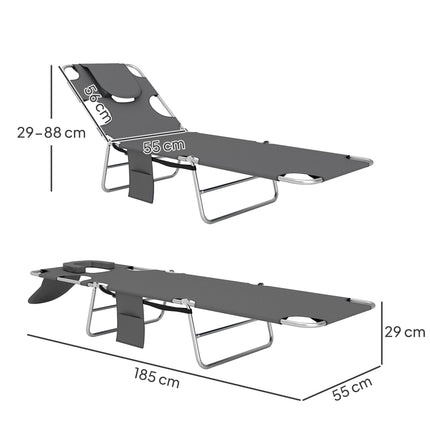 Foldable Sun Lounger Set of 2, Beach Chaise Lounge with Reading Hole, Arm Slots, 5-Position Adjustable Backrest, Side Pocket, Pillow for Garden, Beach, Pool, Dark Grey