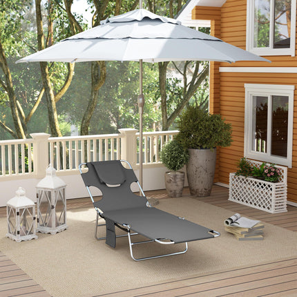 Foldable Sun Lounger Set of 2, Beach Chaise Lounge with Reading Hole, Arm Slots, 5-Position Adjustable Backrest, Side Pocket, Pillow for Garden, Beach, Pool, Dark Grey