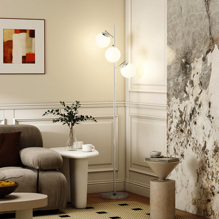 3-Light Tree Floor Lamps for Living Room, Modern Standing Lamp for Bedroom with Globe Lampshade, 3000K/4000K/6000K Colour Temperatures, Steel Base, Silver Tone