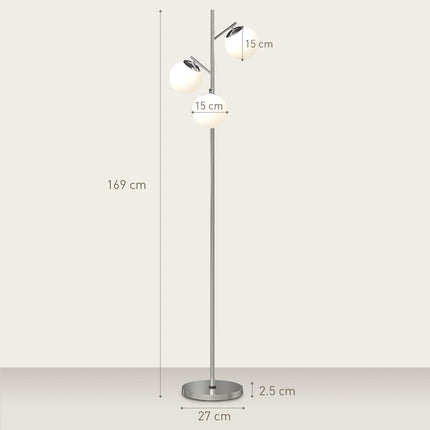 3-Light Tree Floor Lamps for Living Room, Modern Standing Lamp for Bedroom with Globe Lampshade, 3000K/4000K/6000K Colour Temperatures, Steel Base, Silver Tone