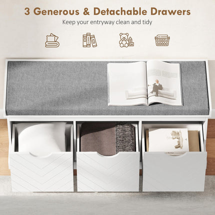 3-Drawer Padded Shoe Bench with Breathable & Washable Linen-look Cover, White