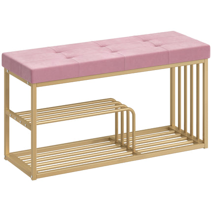 Bench and Shoe Storage, Tufted Shoe Storage Bench with Velvet Seat Cushion Gold Steel Frame for Entryway, Pink
