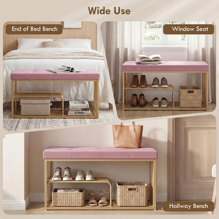 Bench and Shoe Storage, Tufted Shoe Storage Bench with Velvet Seat Cushion Gold Steel Frame for Entryway, Pink
