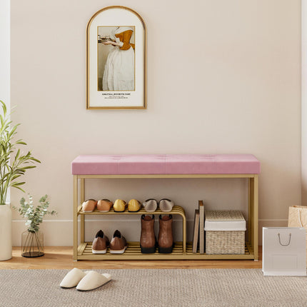 Bench and Shoe Storage, Tufted Shoe Storage Bench with Velvet Seat Cushion Gold Steel Frame for Entryway, Pink