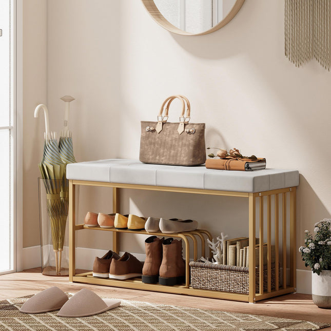 Bench and Shoe Storage, Tufted Shoe Storage Bench with Velvet Seat Cushion Gold Steel Frame for Entryway, Grey