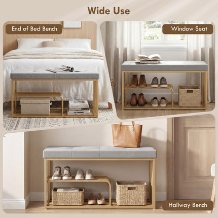 Bench and Shoe Storage, Tufted Shoe Storage Bench with Velvet Seat Cushion Gold Steel Frame for Entryway, Grey