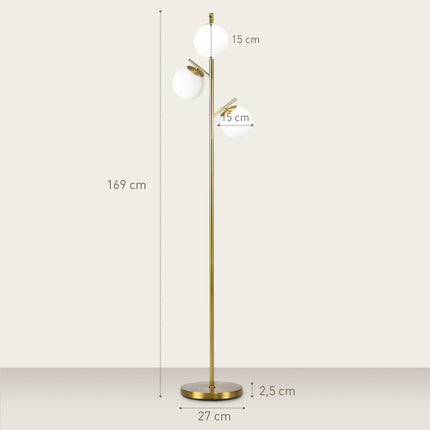 3-Light Tree Floor Lamps for Living Room, Modern Standing Lamp for Bedroom with Globe Lampshade, 3000K/4000K/6000K Colour Temperatures, Steel Base, Gold Tone