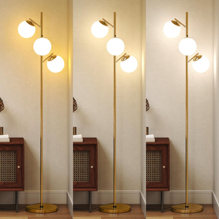 3-Light Tree Floor Lamps for Living Room, Modern Standing Lamp for Bedroom with Globe Lampshade, 3000K/4000K/6000K Colour Temperatures, Steel Base, Gold Tone