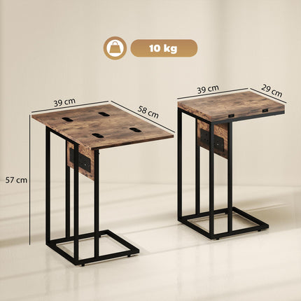 C Shaped Side Table with Charging Station and Foldable Top - Rustic Brown