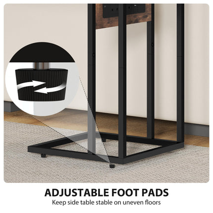 C Shaped Side Table with Charging Station and Foldable Top - Rustic Brown