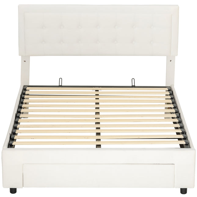 Double Ottoman Bed Frame, with Front Drawer - Cream