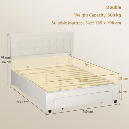 Double Ottoman Bed Frame, with Front Drawer - Cream