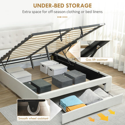 Double Ottoman Bed Frame, with Front Drawer - Cream