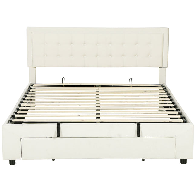 King Size Ottoman Bed Frame, with Front Drawer - Cream