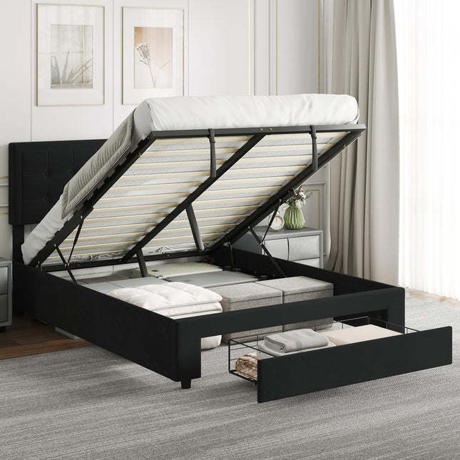 Double Ottoman Bed Frame, with Front Drawer - Black
