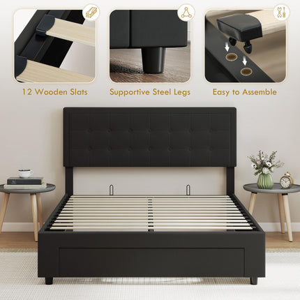 Double Ottoman Bed Frame, with Front Drawer - Black