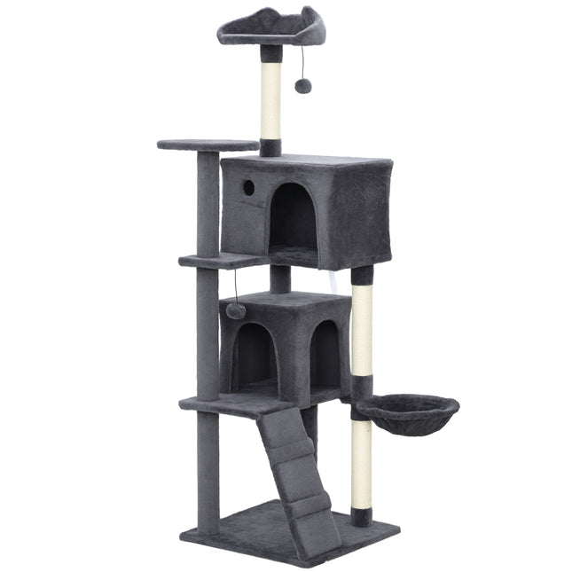 160cm Large Cat Tree Tower with Sisal Scratching Posts, Condos, Plush Perches, Hammock, Ladder, Dark Grey