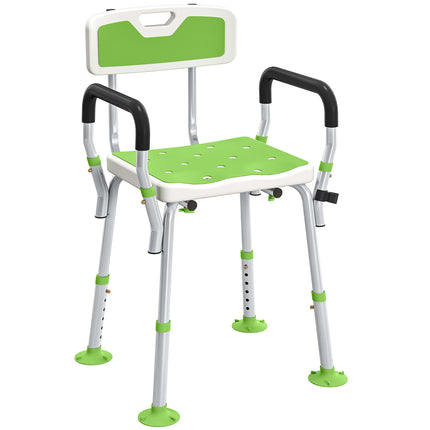EVA Padded Shower Chair for the Elderly and Disabled, Height Adjustable Shower Stool with Back and Arms, 4 Suction Foot Pads, Green