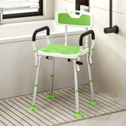 EVA Padded Shower Chair for the Elderly and Disabled, Height Adjustable Shower Stool with Back and Arms, 4 Suction Foot Pads, Green