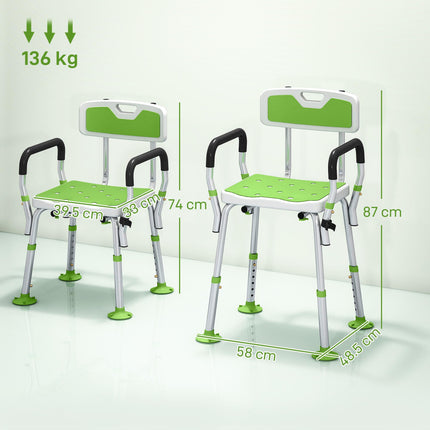 EVA Padded Shower Chair for the Elderly and Disabled, Height Adjustable Shower Stool with Back and Arms, 4 Suction Foot Pads, Green
