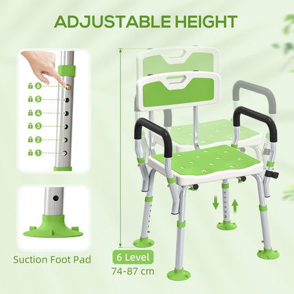 EVA Padded Shower Chair for the Elderly and Disabled, Height Adjustable Shower Stool with Back and Arms, 4 Suction Foot Pads, Green