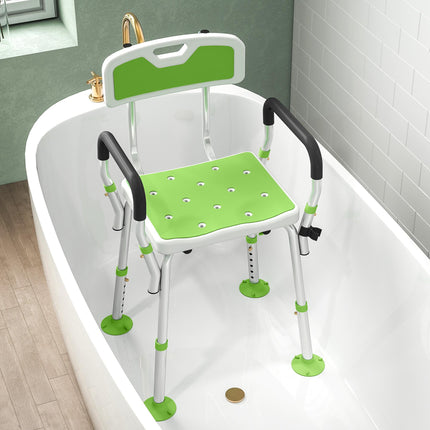 EVA Padded Shower Chair for the Elderly and Disabled, Height Adjustable Shower Stool with Back and Arms, 4 Suction Foot Pads, Green