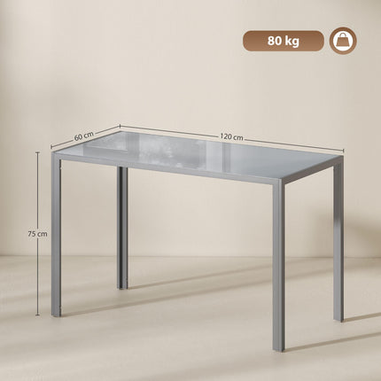 120cm Dining Table, Rectangle 4 Seater Kitchen Table with Tempered Glass Top and Metal Legs, Grey