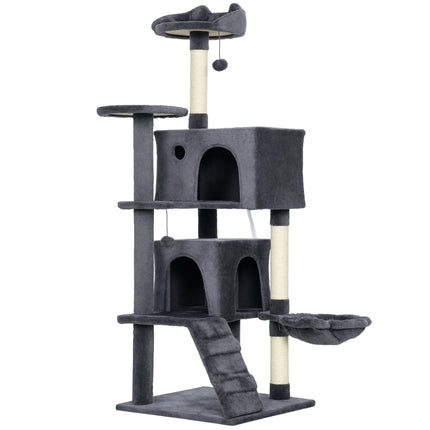 140cm Large Cat Tree Tower with Sisal Scratching Posts, Cat Houses, Plush Perches, Hammock, Ladder, Dark Grey