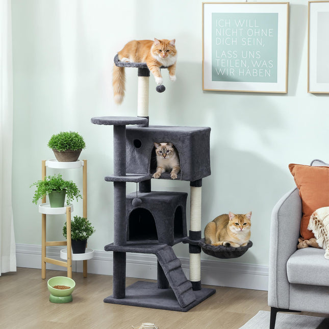 140cm Large Cat Tree Tower with Sisal Scratching Posts, Cat Houses, Plush Perches, Hammock, Ladder, Dark Grey