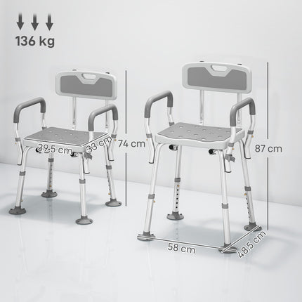 EVA Padded Shower Chair for the Elderly and Disabled, Height Adjustable Shower Stool with Back and Arms, 4 Suction Foot Pads, Light Grey