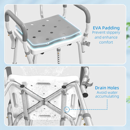 EVA Padded Shower Chair for the Elderly and Disabled, Height Adjustable Shower Stool with Back and Arms, 4 Suction Foot Pads, Light Grey