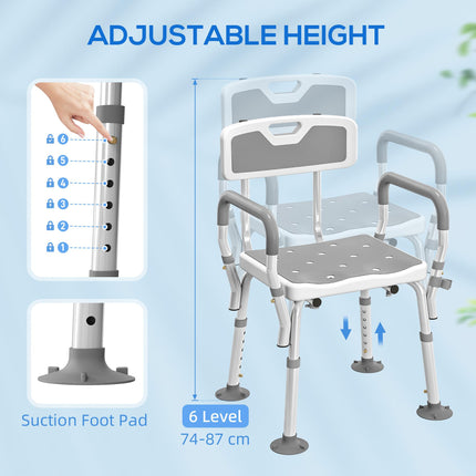 EVA Padded Shower Chair for the Elderly and Disabled, Height Adjustable Shower Stool with Back and Arms, 4 Suction Foot Pads, Light Grey