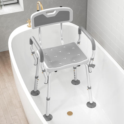 EVA Padded Shower Chair for the Elderly and Disabled, Height Adjustable Shower Stool with Back and Arms, 4 Suction Foot Pads, Light Grey