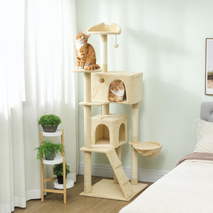 180cm Large Cat Tree Tower with Sisal Scratching Posts, Condos, Plush Perches, Hammock, Ladder, Beige