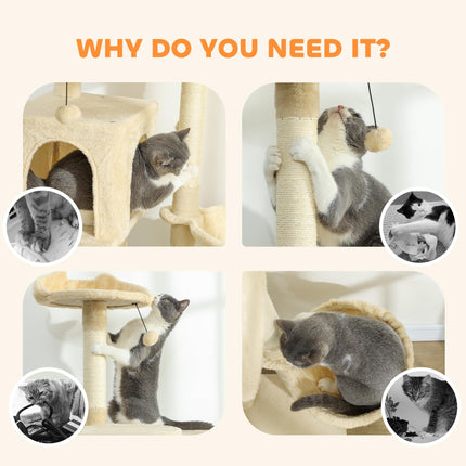 180cm Large Cat Tree Tower with Sisal Scratching Posts, Condos, Plush Perches, Hammock, Ladder, Beige
