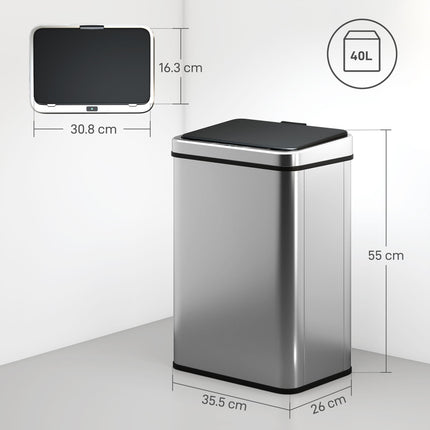 50L Sensor Bin with Soft-Close Lid, Stainless Steel Automatic Touchless Motion Sensor Kitchen Bin, Silver Tone