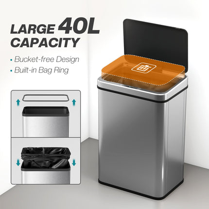 50L Sensor Bin with Soft-Close Lid, Stainless Steel Automatic Touchless Motion Sensor Kitchen Bin, Silver Tone