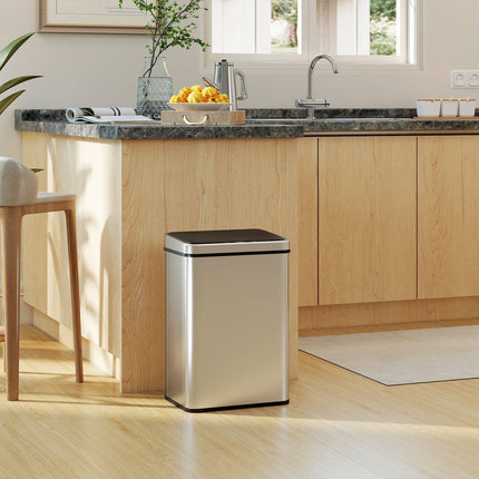 50L Sensor Bin with Soft-Close Lid, Stainless Steel Automatic Touchless Motion Sensor Kitchen Bin, Silver Tone