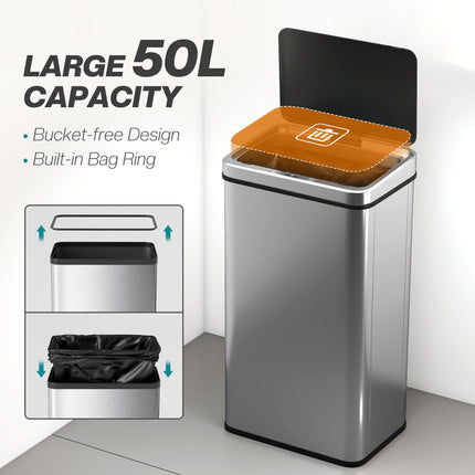 50L Sensor Bin with Quiet Soft-Close Lid, Automatic Touchless Motion Sensor Kitc
