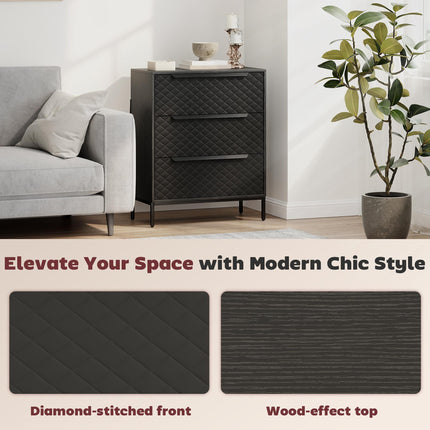 Chest of Drawers, Dresser with 3 Fabric Drawers and Aluminium Handles - Black