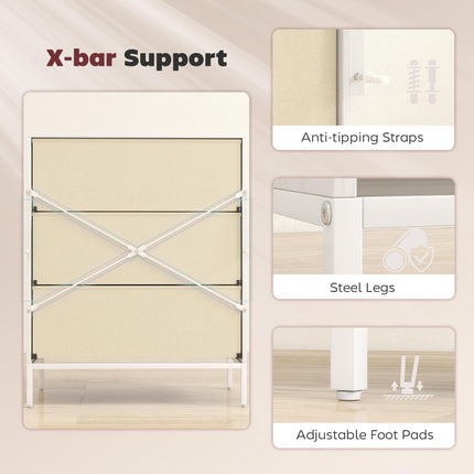 Chest of Drawers, Dresser with 3 Fabric Drawers and Aluminium Handles - White