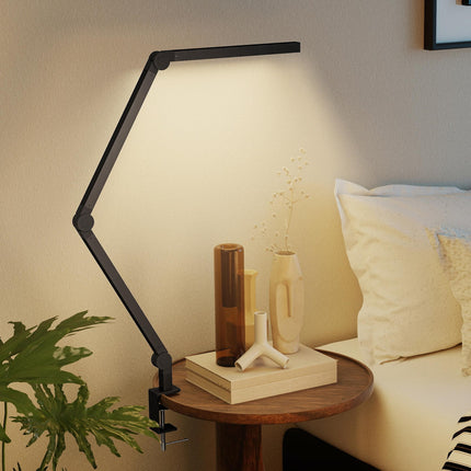 LED Desk Lamp, Dimmable Desk Light with Swing Arm and Clamp, Adjustable Eye-Caring Table Lamp with 2 Colour Modes & 5 Brightness Levels for Study, Drawing, Office, Architect, Task, Black