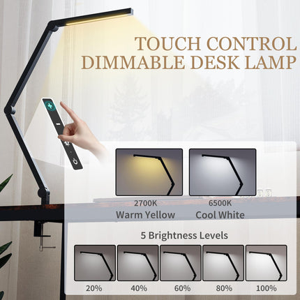 LED Desk Lamp, Dimmable Desk Light with Swing Arm and Clamp, Adjustable Eye-Caring Table Lamp with 2 Colour Modes & 5 Brightness Levels for Study, Drawing, Office, Architect, Task, Black