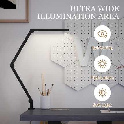 LED Desk Lamp, Dimmable Desk Light with Swing Arm and Clamp, Adjustable Eye-Caring Table Lamp with 2 Colour Modes & 5 Brightness Levels for Study, Drawing, Office, Architect, Task, Black