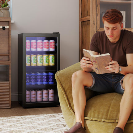 93L Drinks Fridge, 115 Can Freestanding Beer Fridge with Glass Door, Adjustable