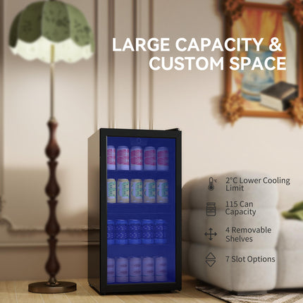 93L Drinks Fridge, 115 Can Freestanding Beer Fridge with Glass Door, Adjustable